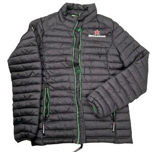 Heineken Puffer Jacket Men XS Black Lightweight Quilted Logo Zip Gorpcore Beer